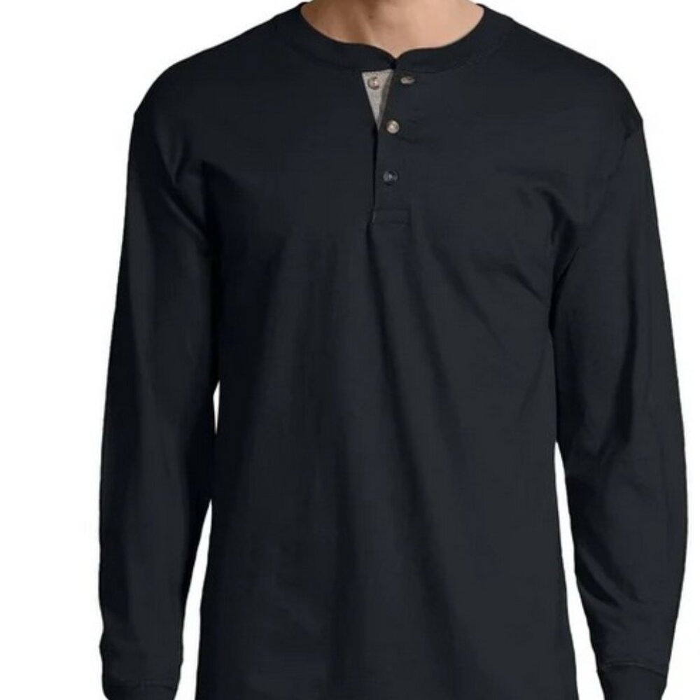 Hanes Beefy Men's Black Henley Shirt 3XL (586)